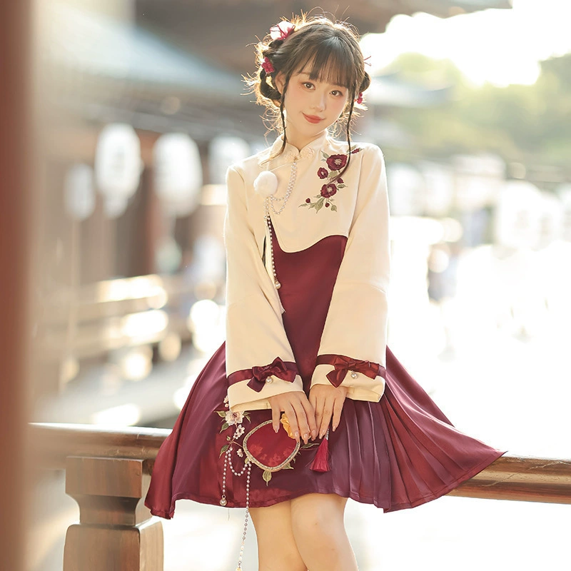 Оригинальный дизайн Camellia Camellia Hanfu женский стиль китайский элемент улучшенный топ платье костюм 8827