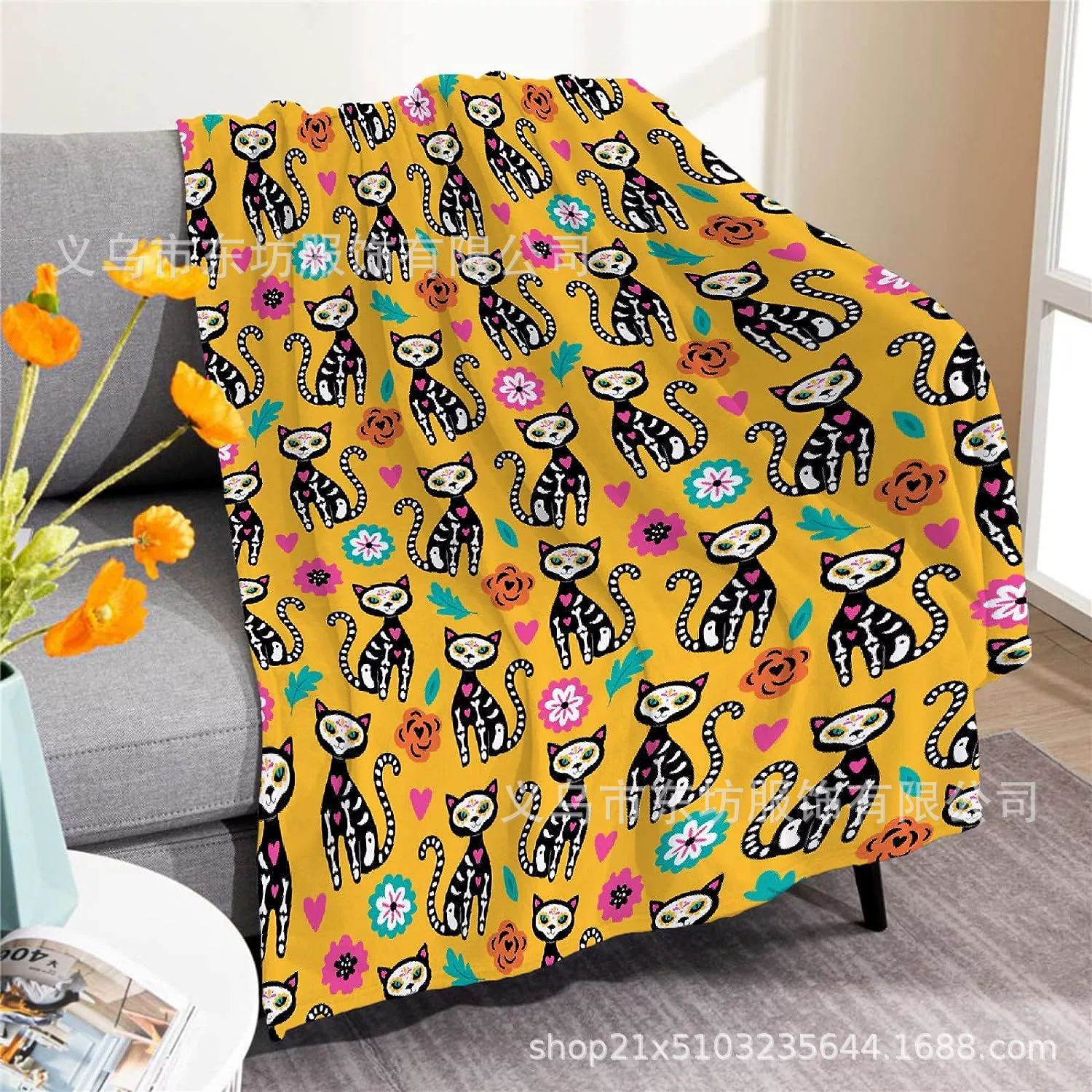 День мертвых Котенок Сахарный череп Одеяло на Хэллоуин Фланелевое одеяло Легкое сверхмягкое удобное одеяло