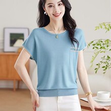 冰丝针织衫女士夏季2025新款装中年女装时尚百搭妈妈短袖t恤上衣