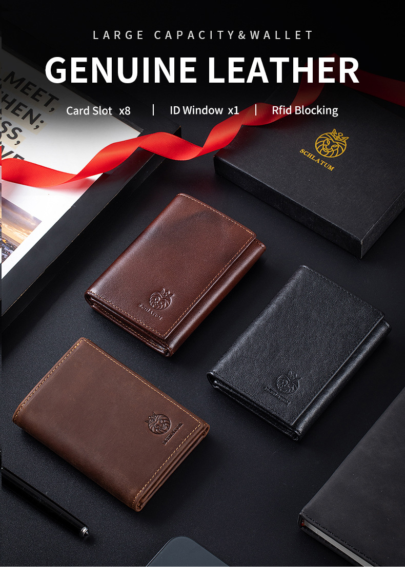 Ví nam ngắn da thật cổ điển chống trộm RFID — Màu nâu, màu đen, Ngựa điên màu nâu chi tiết 13