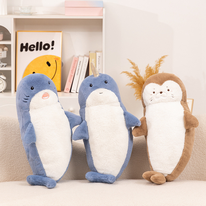 Curva reclinada almohada encantadora playa tiburones unicorles juguetes de peluche muñecas denim muñecas regalos para dormir