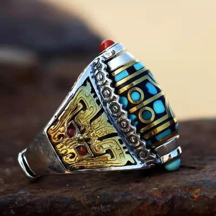 Vintage Nine-Eyed Dzi Bead Ring Xizang Style Unisex Dragon Pattern Six-Syllable Mantra Vintage Index Finger Ring