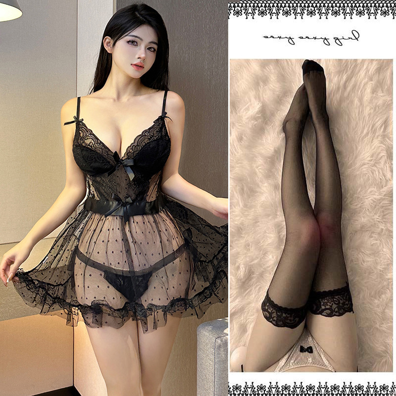 (블랙) 섹시한 잠옷 팬티 블랙 레이스 스타킹