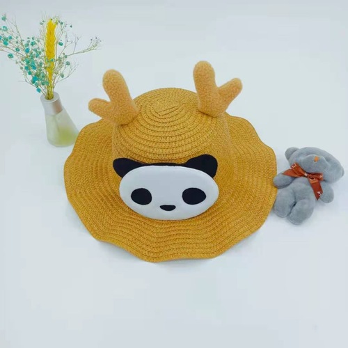 Korean-style deer horn panda wave children's girls' sun hat grass hat summer outing sun protection cute stylish sunshade