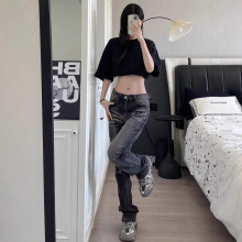 韩国精品烟灰色弹力破洞紧身牛仔裤女2024年春秋新款显瘦小脚裤潮