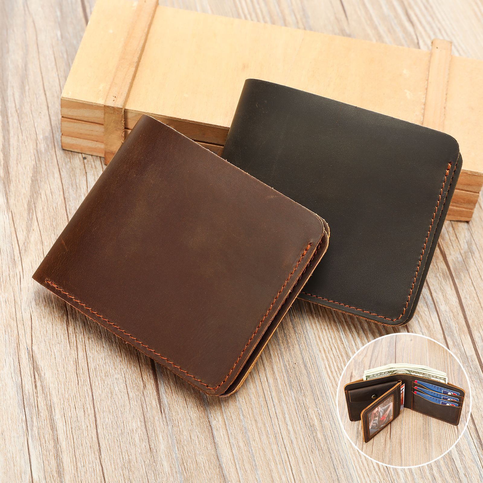 Ví nam da ngựa điên phong cách retro, nhiều khe cắm thẻ — Màu nâu, Cà phê đậm, 11cm*2cm*9.5cm