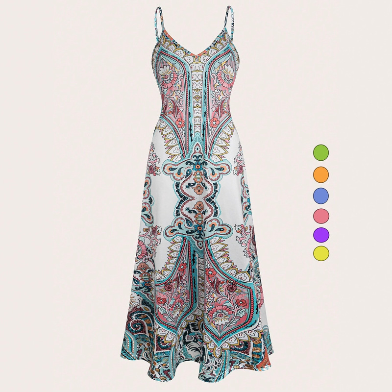 Cross-border Retro Blue and White Porcelain Printed Women's Summer Seaside Holiday Beach Dress Loose Flesh Covering Sun-protective Clothing Sling Long Dress