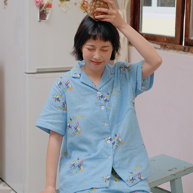 25 Spring and Summer New Cotton Pajamas Women's Summer Double-layer Cotton Yarn Soft Breathable Thin Short-sleeved Shorts Two-piece Suit