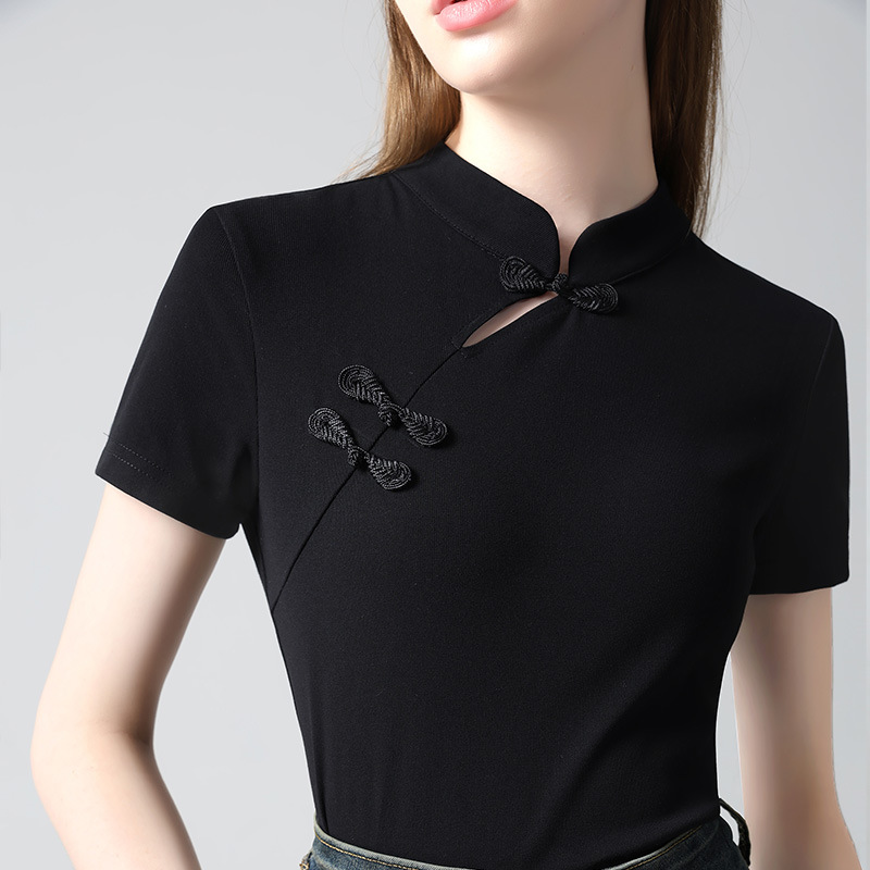 Nueva camiseta de manga corta con cuello cheongsam con hebilla oblicua china de estilo nuevo 2024 camiseta de manga corta con cuello alto de estilo nacional para mujer