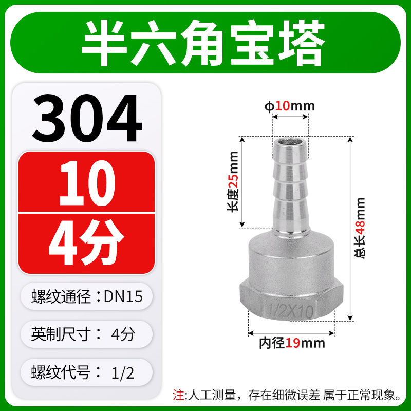 304不锈钢内丝宝塔接头六角皮接内螺纹竹节皮插软管格林头4/6分|undefined