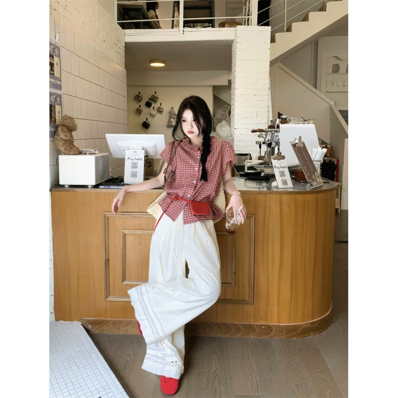 Реальный снимок, реальная цена, милый лацкан контрастного цвета, тонкая клетчатая рубашка с развевающимися рукавами, топ + абрикосовые широкие брюки с вырезом