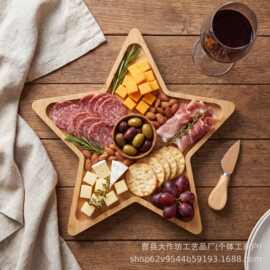 跨境五角星托盘竹制芝士板雕刻果盘节日主题摆盘家用熟食零食托盘