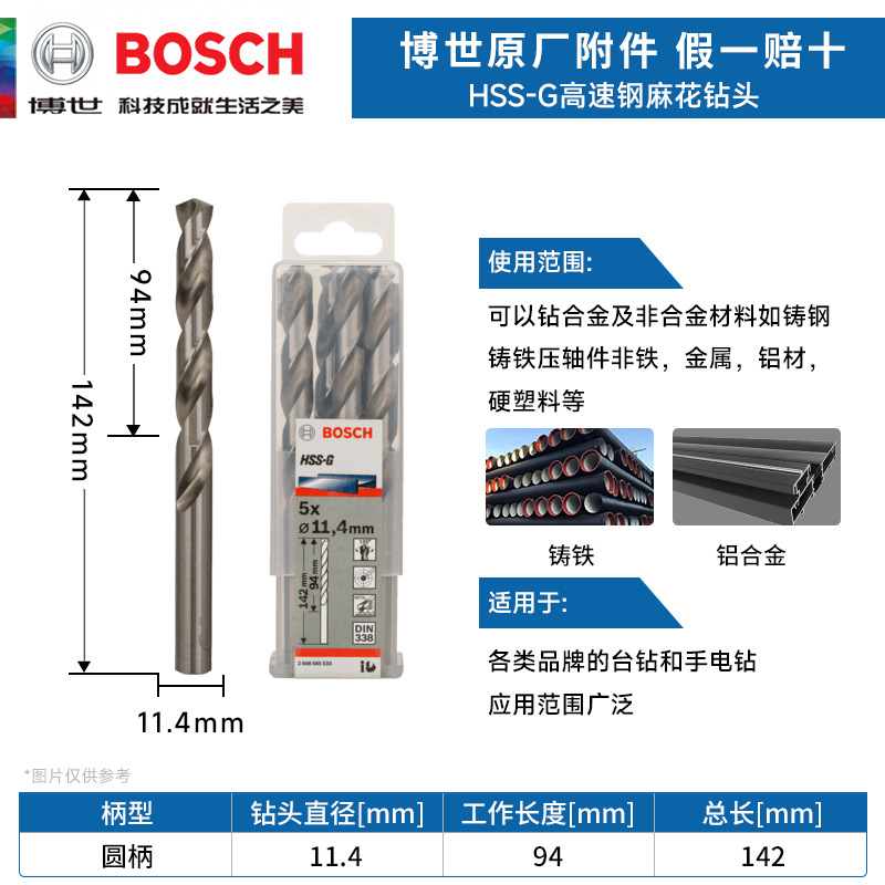 德国博世HSS-G麻花钻头 高速钢金属钻头 11.4mm电钻钻头 麻花钻咀