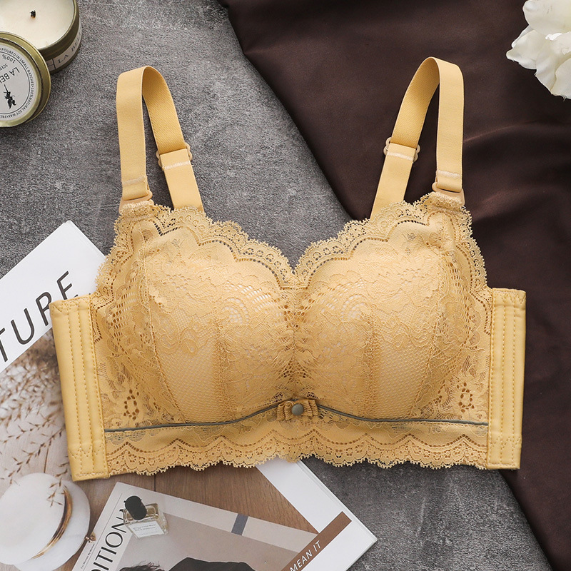 Nueva ropa interior popular sujetador pequeño para mujer Super push up 6CM grueso sujetador de borde de encaje inalámbrico taza no vacía 9060