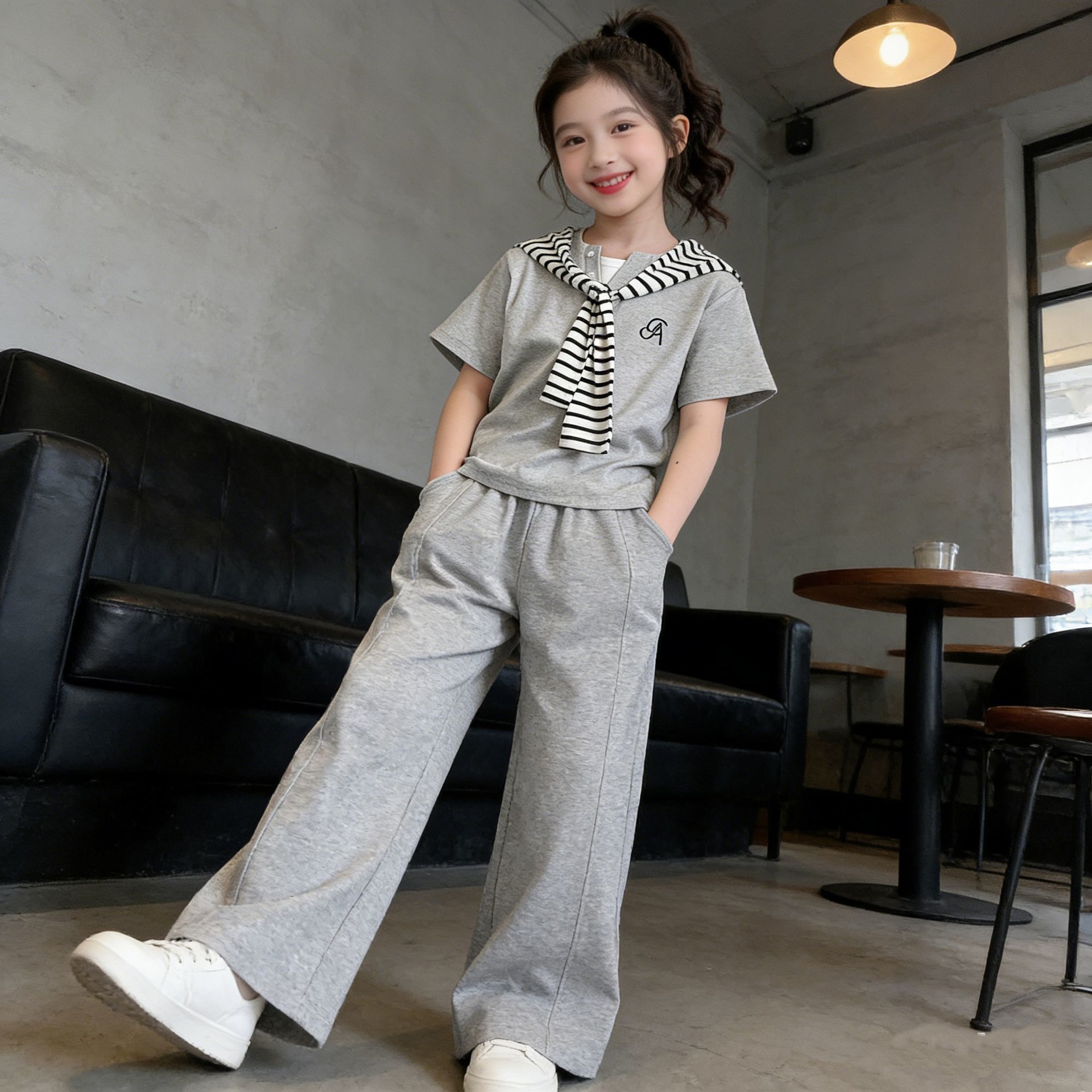 Children's Summer Outfit for Girls, Korean Style High-End Shawl Set, Faux Two-Piece Short-Sleeve New Summer Fashion