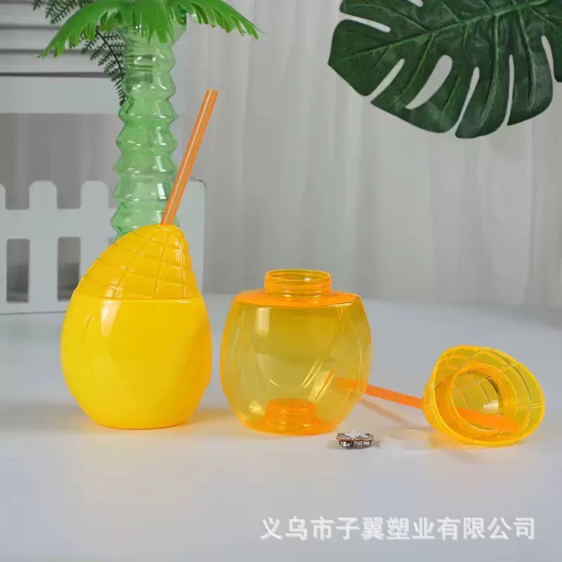 Taza de bebida de té con leche al por mayor de fábrica Taza de pajita de plástico PET Taza de paja en forma de fruta de fresa, piña y sandía