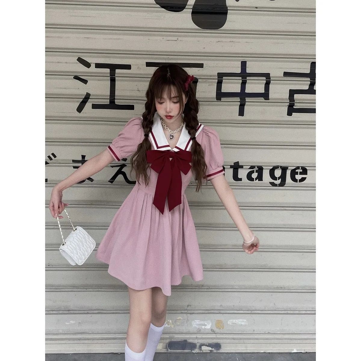 泡泡袖甜美少女收腰显瘦粉色海军领连衣裙大蝴蝶结高腰伞裙