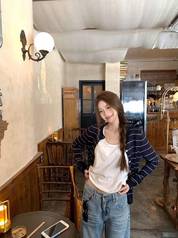 Striped Knit Sweater Casual Versatile 2025 New Early Autumn Loose Slimming Korean Style Lazy Top for Women