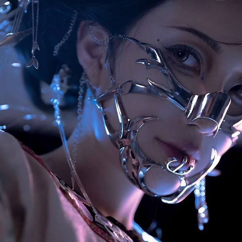 Boys Mechanical Lip Ring Face Headwear Sports Student 1S Nose Ring Earrings Muscle Men Adjustable silver Metal Punk Mask