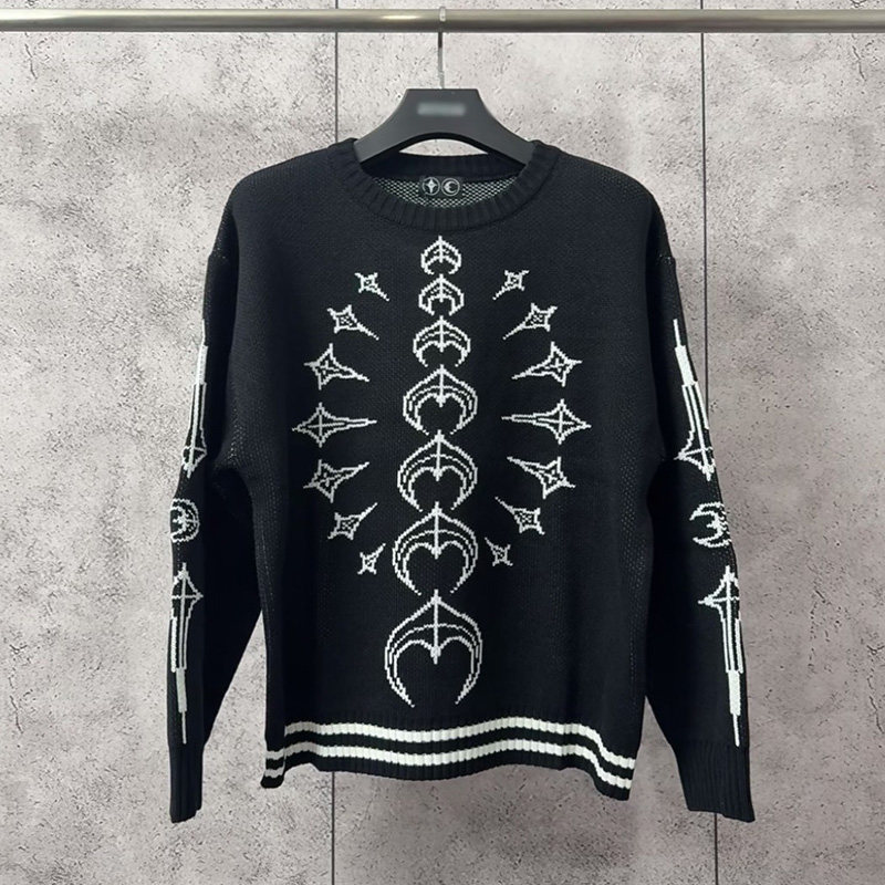 Thug Club 25Fw Thug Club Star and Moon Color-Blocking Knitted Long-Sleeve Sweater Unisex Trendy Brand