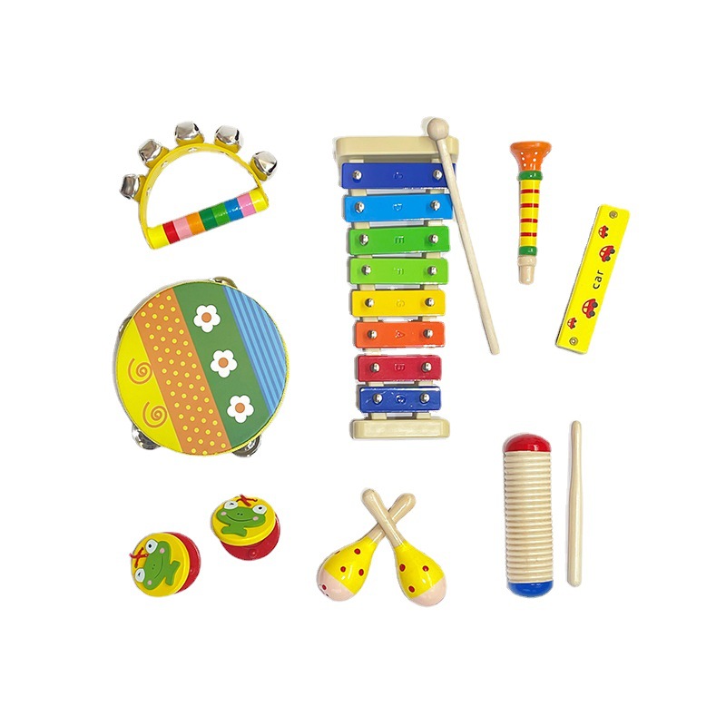 Kindergarten Orff instrumento de percusión Arco Iris traje de juguete material de enseñanza tablero de sonido martillo de arena Bell Drum triángulo hierro doble tubo de sonido