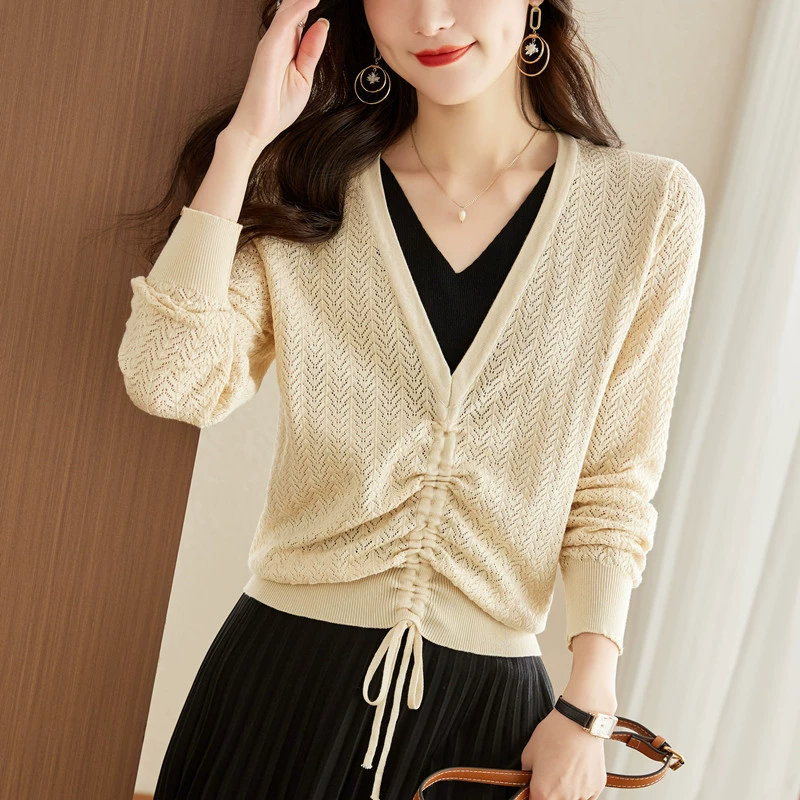 Shaping autumn knitted set, 2022, V-neckline