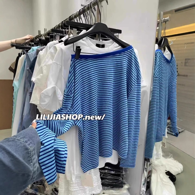 Plus-Size Dopamine Stripe Off-Shoulder Design Niche Fashion Trendy Sweet and Spicy Women's Thin Sun-Protective Loose Top