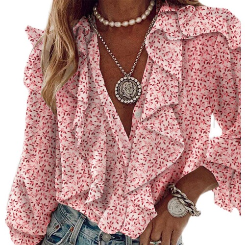 European and American style spring and autumn fashion V-neck puffed sleeve shell fabric letter floral print long-sleeved shirt top