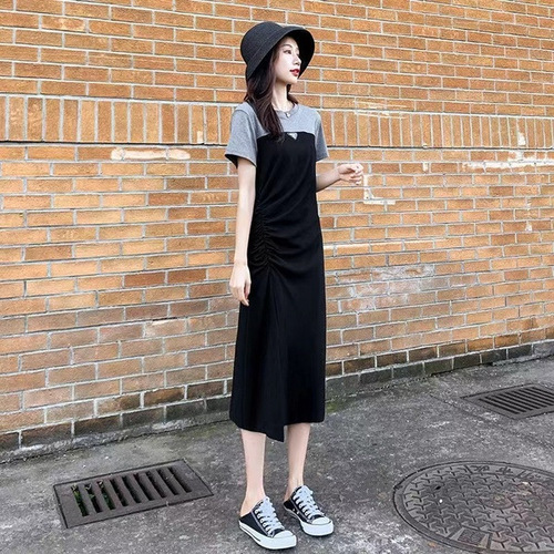 Women's Summer Long Dress, Body-Slimming, Stylish, Splicing, Short Sleeve, Knee-Length, Slit Dress