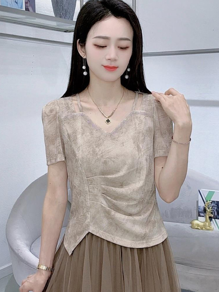 잉크 얼룩진 허리 슬리밍 티셔츠 여성 여름 새 스타일 불규칙 셔츠 세련된 반팔 티셔츠 탑