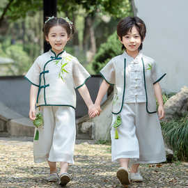 幼儿园园服唐装演出服中国风姐弟装短袖古装汉服儿 童六一表演服