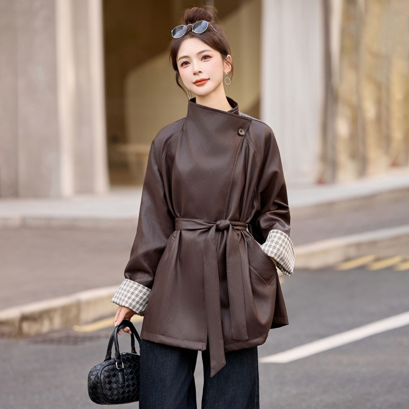 2025 New Autum Style Mid-Length Lace-Up Elegant High-End Light Mature Maillard Style Leather Jacket Versatile Jacket for Women