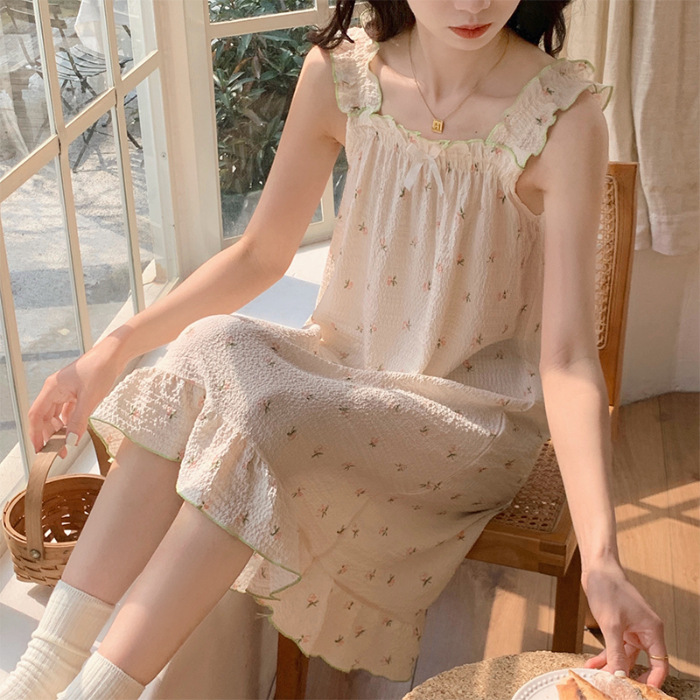 2024 verano pijama de manga corta de cabina de flores dulces espuma tejida tela arrugada pijama vestido de ropa de casa