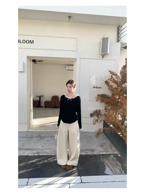 韩式蕾丝花边拼接针织衫女春秋显瘦内搭保暖v领打底衫甜美风上衣|undefined