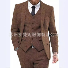 新款亚马逊男士人字纹结婚套装修身三件套西装婚礼男士工作休闲礼