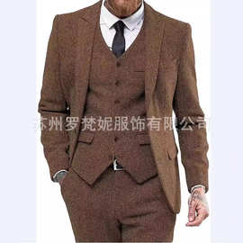 新款亚马逊男士人字纹结婚套装修身三件套西装婚礼男士工作休闲礼