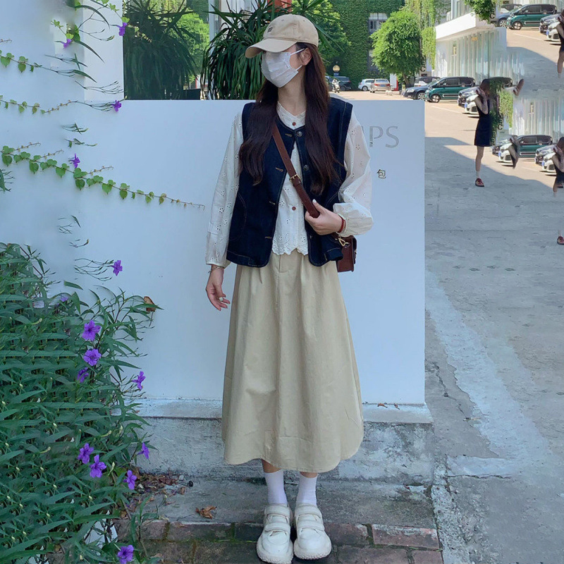韩系通勤风穿搭一整套牛仔背心马甲刺绣衬衫高腰半身裙子女学生|undefined