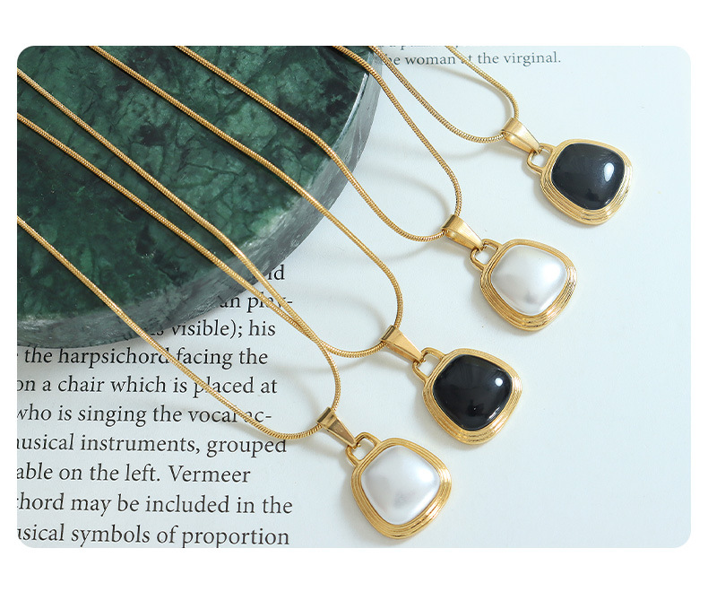 French Style Square Titanium Steel Copper Plating Inlay Artificial Pearls Pendant Necklace 1 Piece