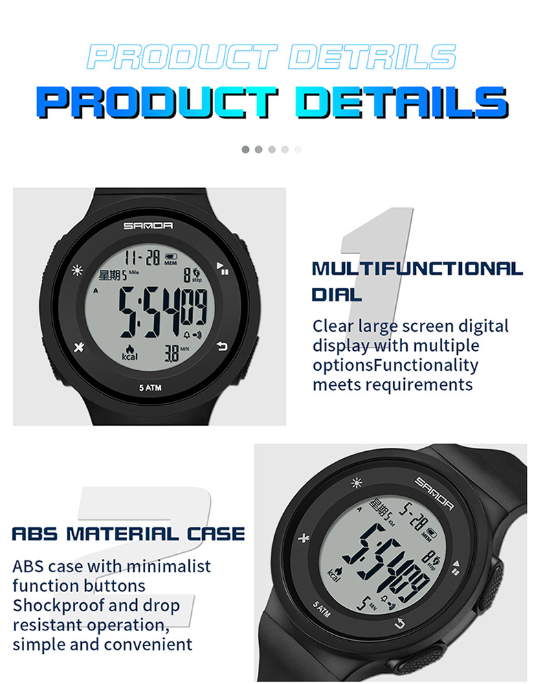 SANDA Watch Step Calories Multifunctional Luminous Waterproof Outdoor Mountaineering Electronic Watch_voghion.com