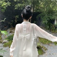 粉色蝴蝶结设计感雪纺衬衫新款甜美中长款开衫长袖防晒衣宽松