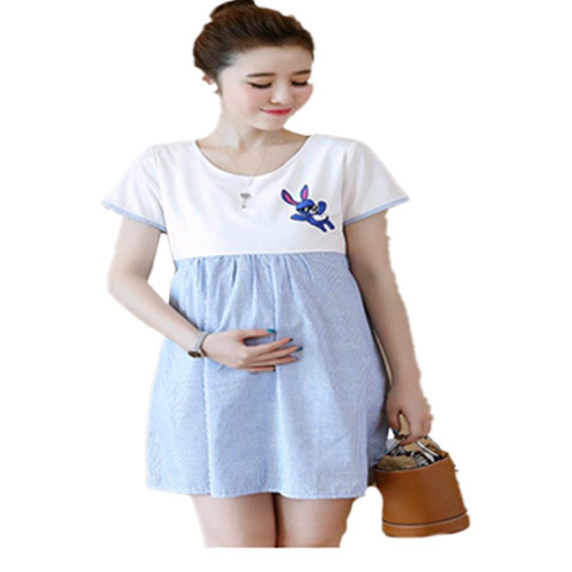Nuevo estilo coreano vestido de maternidad a rayas costura moda impreso suelta de media longitud de manga corta vestido de maternidad vestido de verano