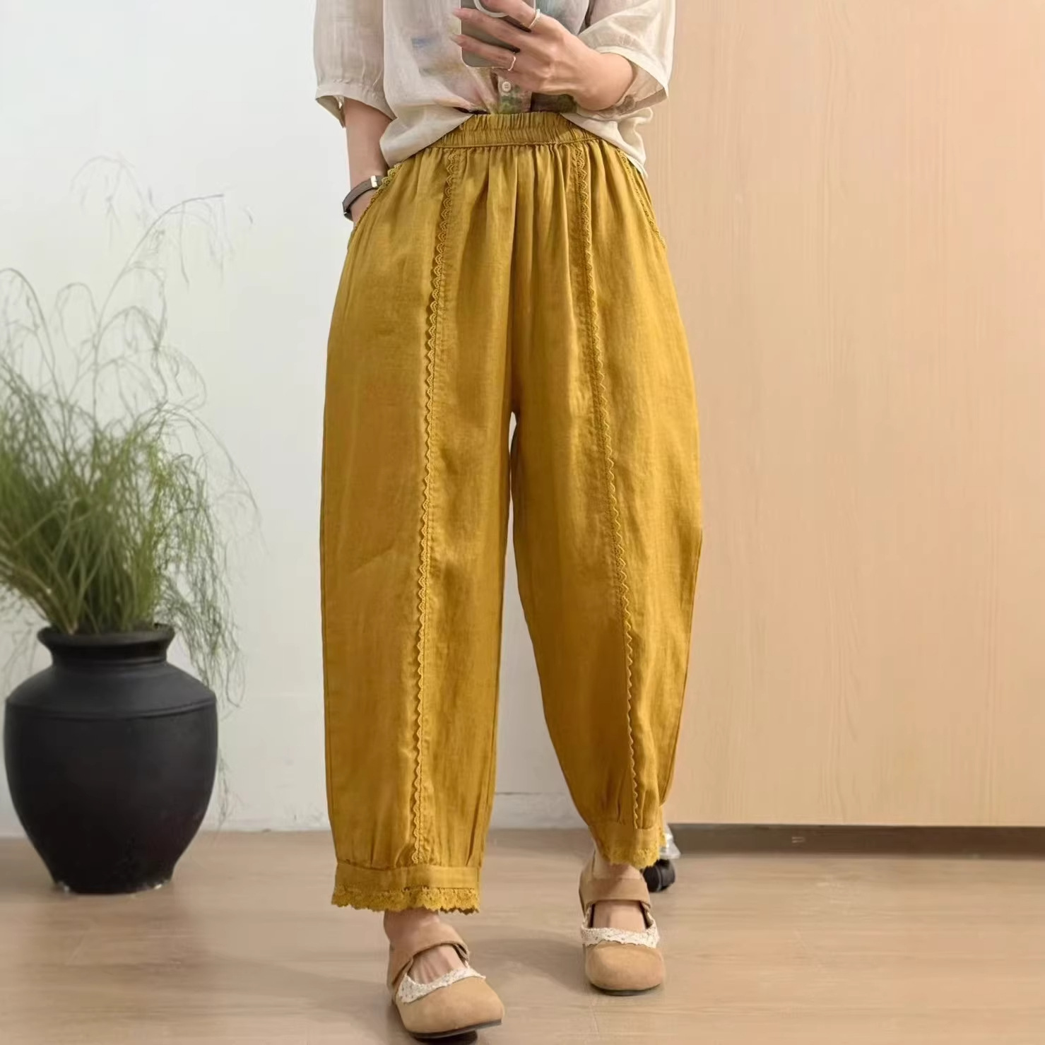 2026春夏 韩版宽松文艺减龄亚麻拼接花边哈伦裤百搭休闲裤女5030