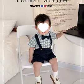 夏季儿童套装宝宝短袖衬衫衣服礼服背带裤男童帅气绅士夏装两件套