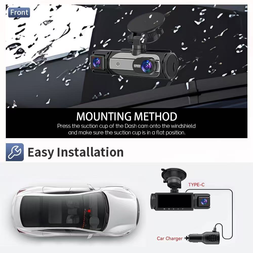 Three-camera dashcam with WiFi mobile phone connectivity, high-definition night vision, three-lens wide-angle, suitable for ride-sharing vehicles