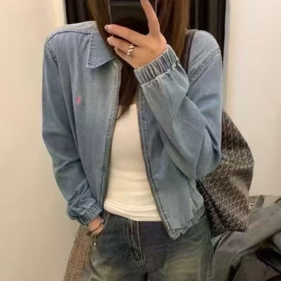 可扫码RL拉夫气质通勤风女款蓝色水洗牛仔外套衬衫领长袖时尚百搭