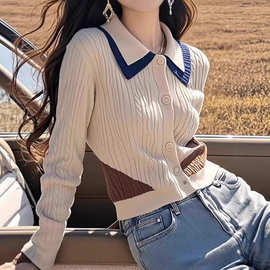 卡其色polo领毛衣针织开衫2025春秋冬新款毛衣穿搭巴恩风女装上衣