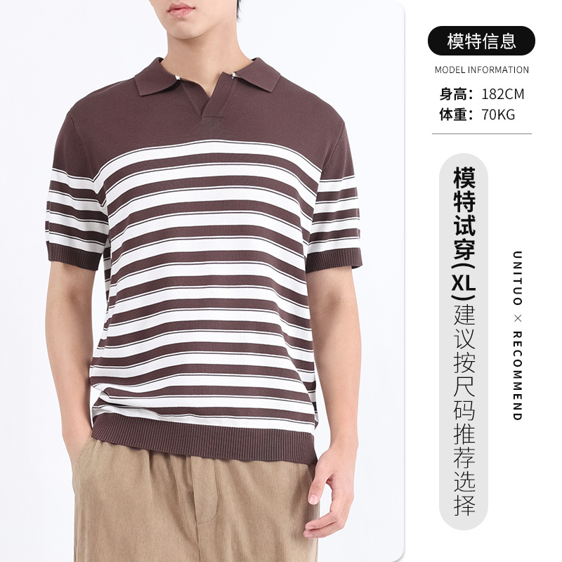 Polo de seda de hielo de alta gama Camiseta casual de negocios de manga corta con cuello en V de alta gama para hombres Camiseta a rayas image 8