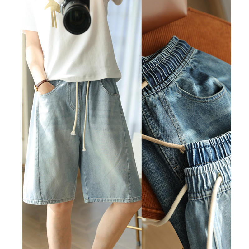Bermuda Shorts! Casual and Stylish All-Cotton Denim Loose A-Line Wide-Leg Pants, Mid-Length Shorts for Women, New for Summer