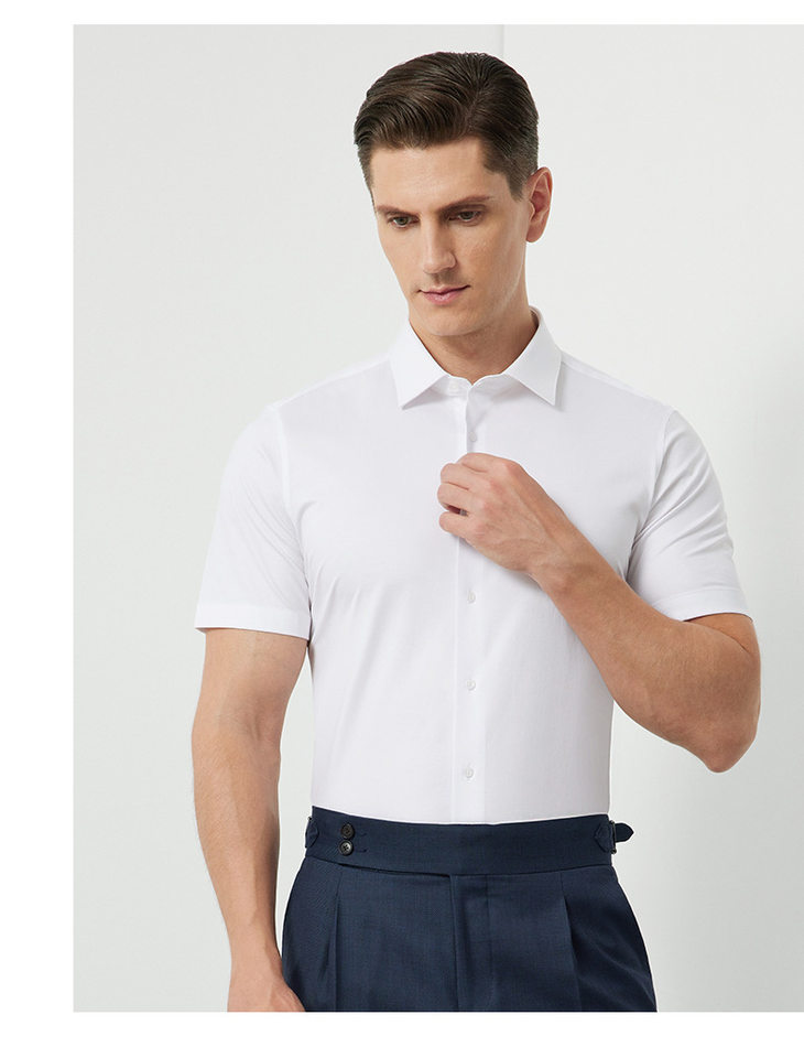 Áo sơ mi nam ngắn tay dệt kim cotton co giãn cao cấp thoáng khí — Trắng ngắn tay-cổ vuông chi tiết 18