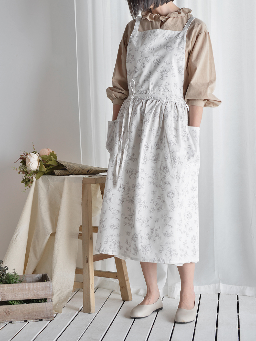 韩式印花围裙 厨房棉麻防水 可调节加长围裙 米色 1件